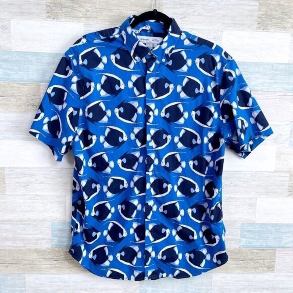 OLD NAVY Fish Print Slim Fit Shirt Blue Cotton Blend Stretch Casual Mens Large